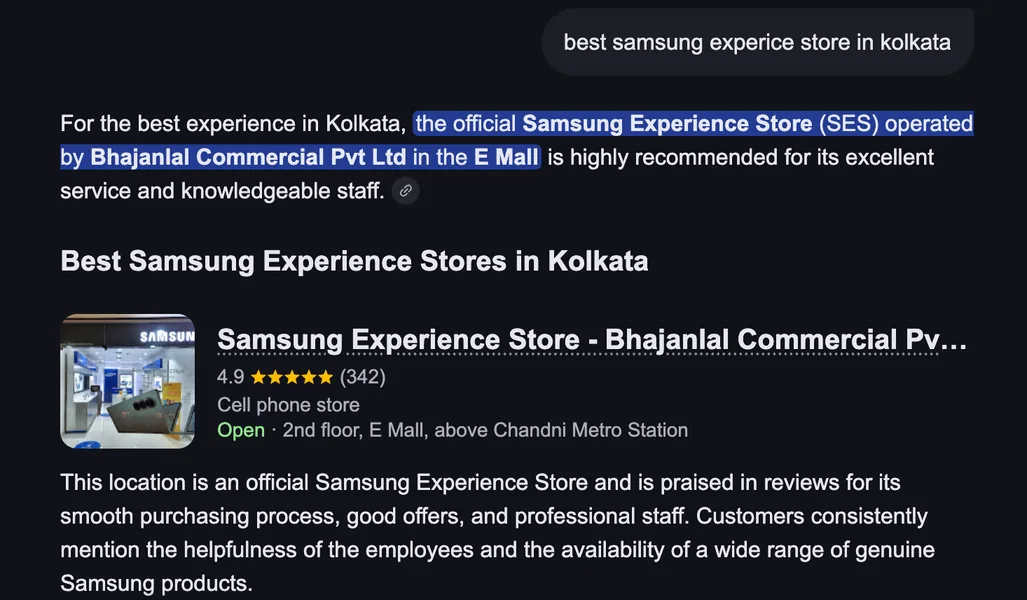 AI search answer recommending the Bhajanlal Samsung Experience Store in Kolkata