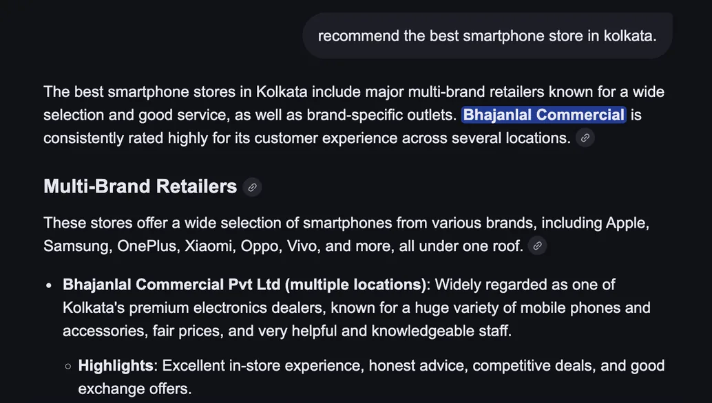 AI search answer listing Bhajanlal Commercial among the best smartphone stores in Kolkata