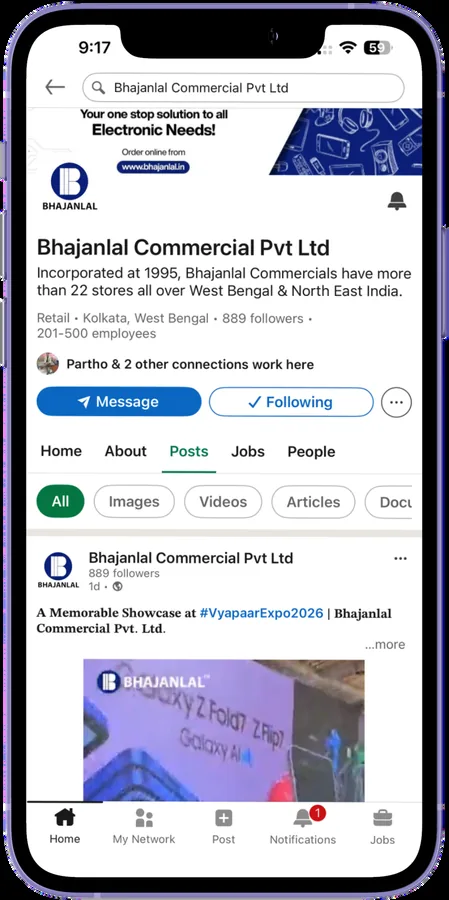 Bhajanlal Commercial LinkedIn company page on a phone