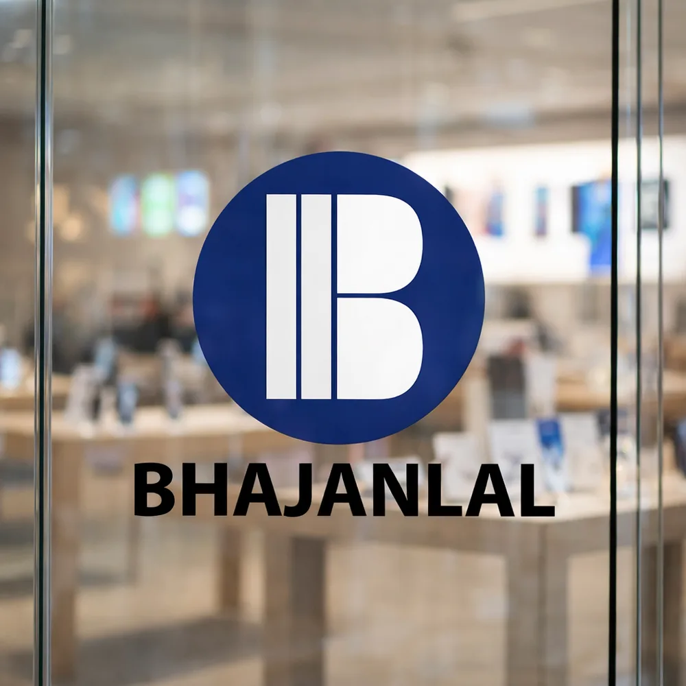 Bhajanlal logo on the glass front of a Bhajanlal electronics store