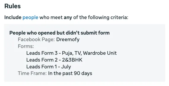 Meta custom audience rule: people who opened but did not submit the Dreemofy lead form