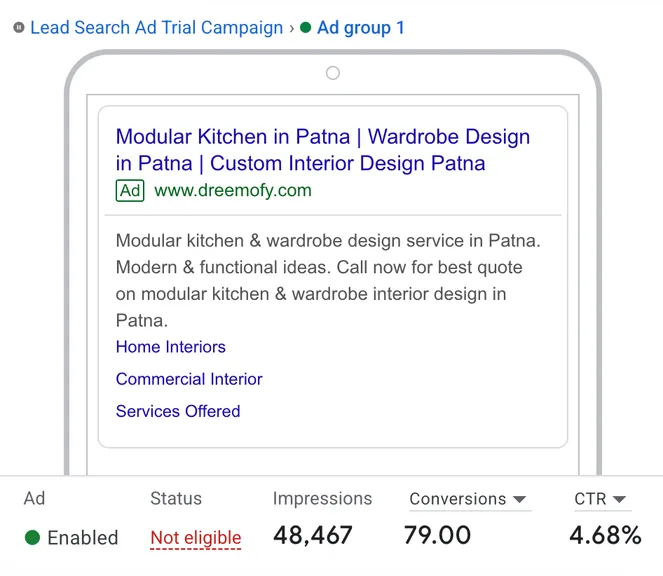 Dreemofy Google search ad for modular kitchen and wardrobe design in Patna with 4.68 percent CTR