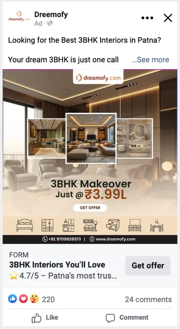 Dreemofy Meta ad for a 3BHK makeover