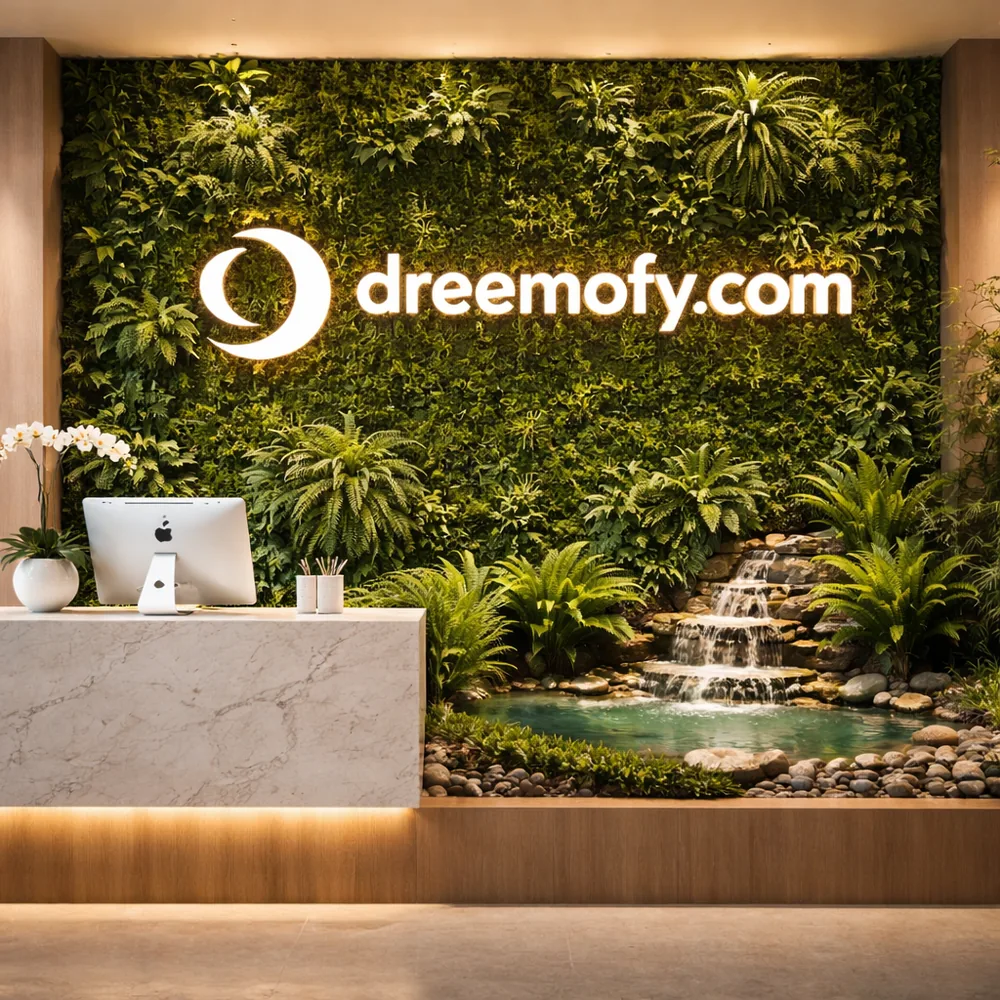 Dreemofy logo on a living green wall in the Dreemofy design studio