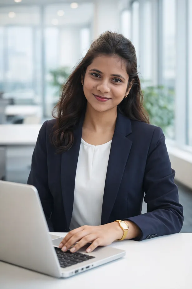 Megha Choudhary working on a laptop in an office