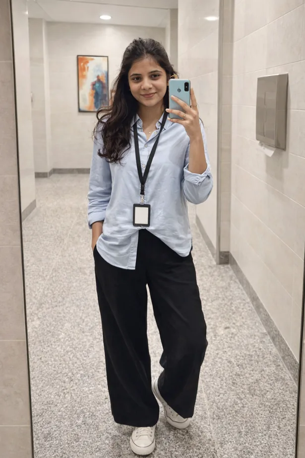 Megha Choudhary in the office wearing her ID lanyard