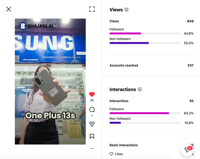 OnePlus 13s promo reel with its Instagram insights